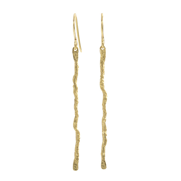 Colibri' Thin Earrings by Emanuela Duca - The Colibri' earrings in 18k yellow gold provide a delicate accent to elevate everyday attire. Featuring thin, long textured gold bars, they offer understated elegance with a touch of sophistication. • 18k yellow gold • Length: 2.25 inches • Ear wires