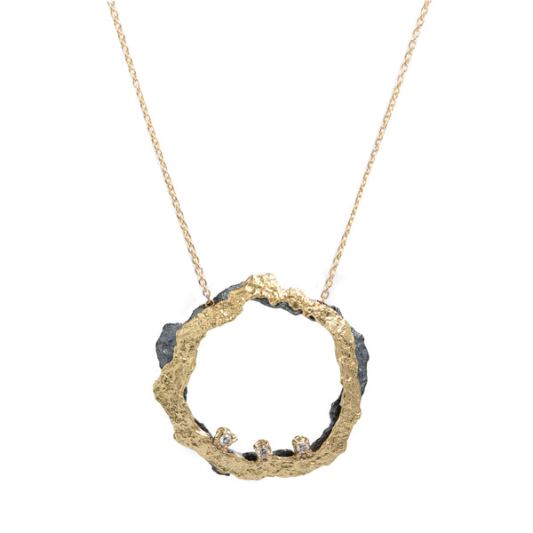 Sunshine Free-Form Circles Necklace by Emanuela Duca. Sculptural Fine Jewelry Handcrafted in 18k, Sterling Silver, Bronze, diamonds, and precious gems - Made in Rome & New York