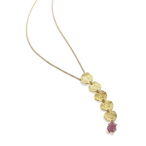 18k Gold Sunshine Necklace with Sapphire by Emanuela Duca. Sculptural Fine Jewelry Handcrafted in 18k, Sterling Silver, Bronze, diamonds, and precious gems - Made in Rome & New York