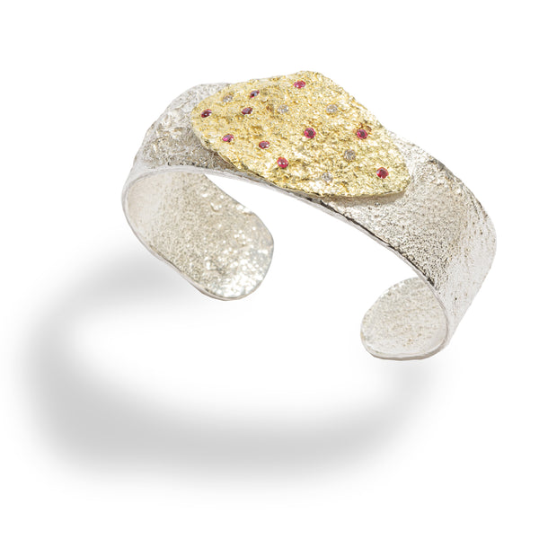 Isabella Gold & Rubies Cuff by Emanuela Duca. Sculptural Fine Jewelry Handcrafted in 18k, Sterling Silver, Bronze, diamonds, and precious gems - Made in Rome & New York