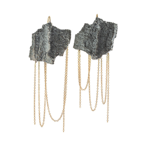 Raw You Black Fringe Earrings by Emanuela Duca - Introducing our "Raw You" earrings crafted in textured blackened sterling silver, adorned with a sensual fringe of 18k yellow gold that offers intriguing movement and unmatched uniqueness. With a romantic yet cool aesthetic, these earrings exude effortless charm. Embrace their captivating allure for a look that's both fashionable and distinctly you.