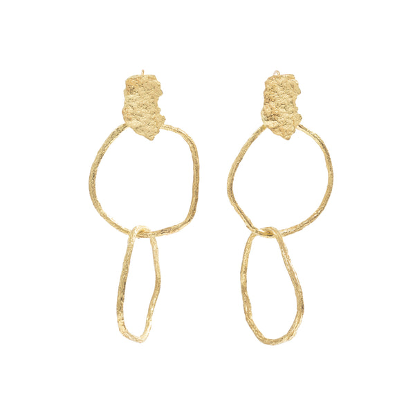 Good Vibes Gold Links Earrings by Emanuela Duca - A pair of earrings featuring textured links of 18K yellow gold. Suspended from an above element are two irregular links, creating a playful and artistic design. Perfect for special occasions or adding a touch of flair to everyday life, these earrings are sure to make a statement wherever you go. Height: 2.5 inches
