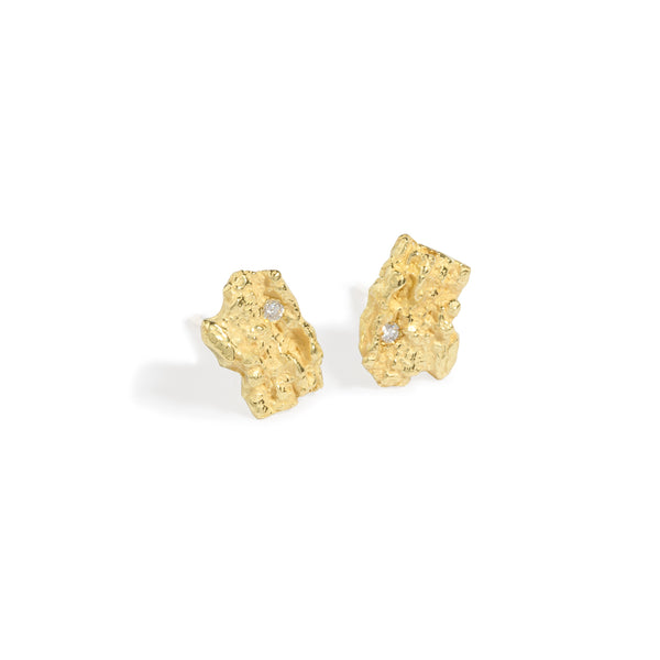 Good Vibes Small Gold Earrings by Emanuela Duca - Textured small elements of 18K yellow gold, delicately accented by two petite diamonds. Offering a subtle accent suitable for every occasion, they add a touch of sophistication to any ensemble. Height: 0.35 inches.