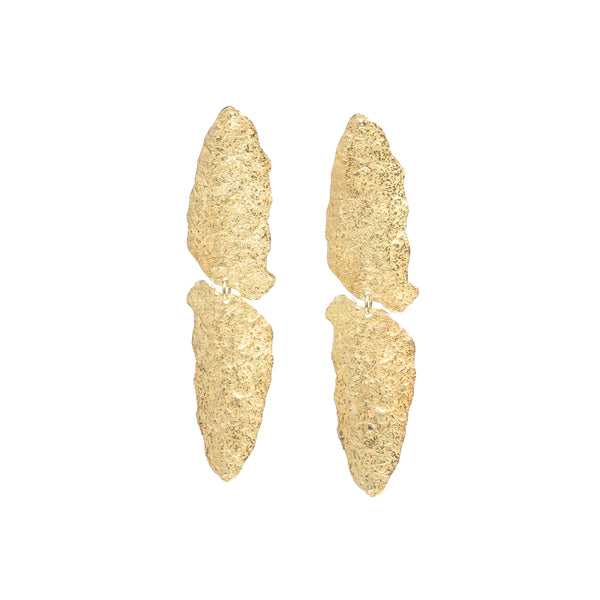 Good Vibes Gold Earrings by Emanuela Duca - Textured 18K yellow gold elements designed for movement and radiant light. Radiating elegance and positivity, these earrings are the perfect accessory to add a touch of sparkle to any occasion. Posts & clips. Height: 2.5 inches.