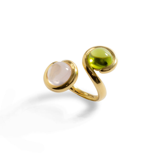 Isabella Pink Quartz & Peridot Ring by Emanuela Duca. Sculptural Fine Jewelry Handcrafted in 18k, Sterling Silver, Bronze, diamonds, and precious gems - Made in Rome & New York