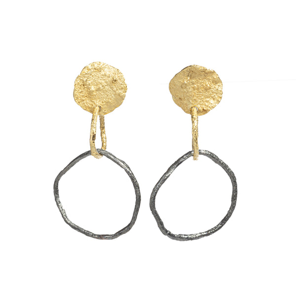 Sunshine Disc Hopp Earrings by Emanuela Duca. Sculptural Fine Jewelry Handcrafted in 18k, Sterling Silver, Bronze, diamonds, and precious gems - Made in Rome & New York