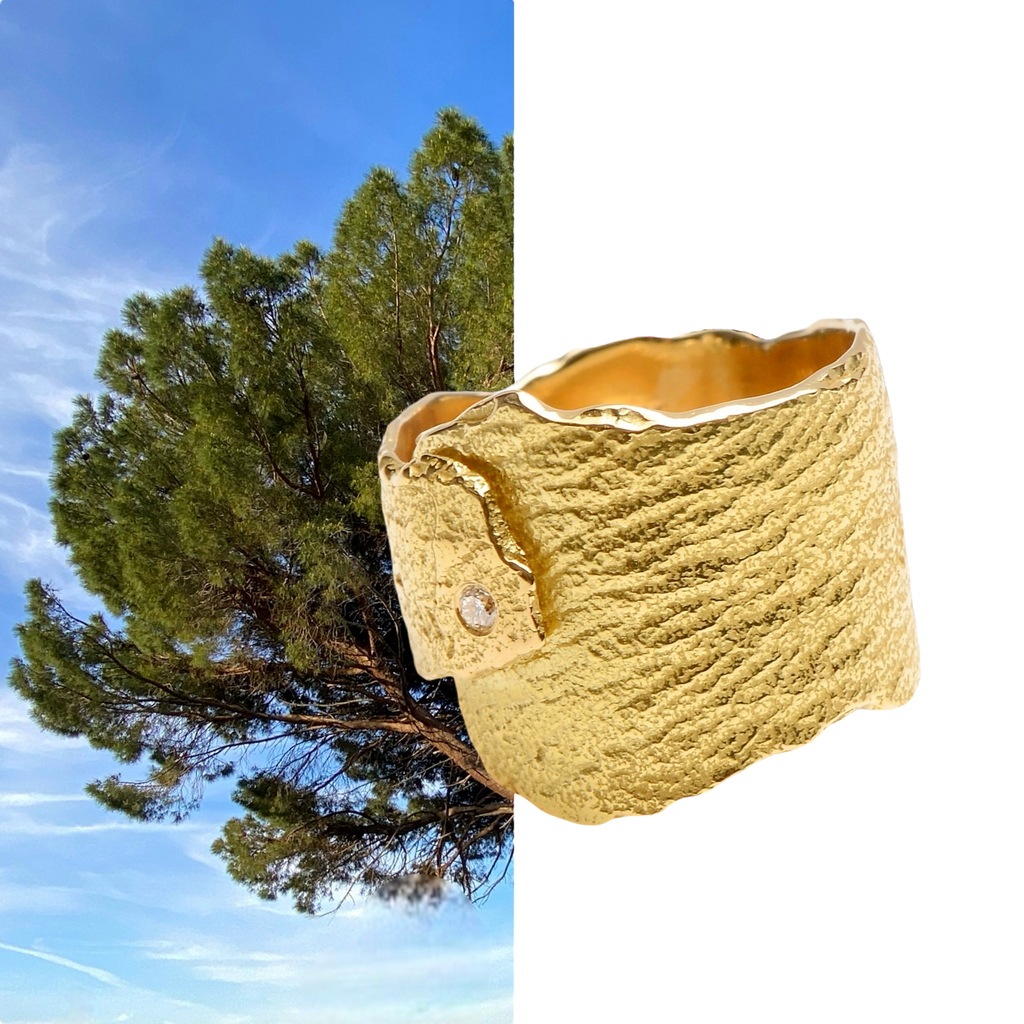 Under a Tree Sculptural Fine Jewelry Collection by international artist, Emanuela Duca - 18k gold, sterling silver, diamonds, and precious gems.