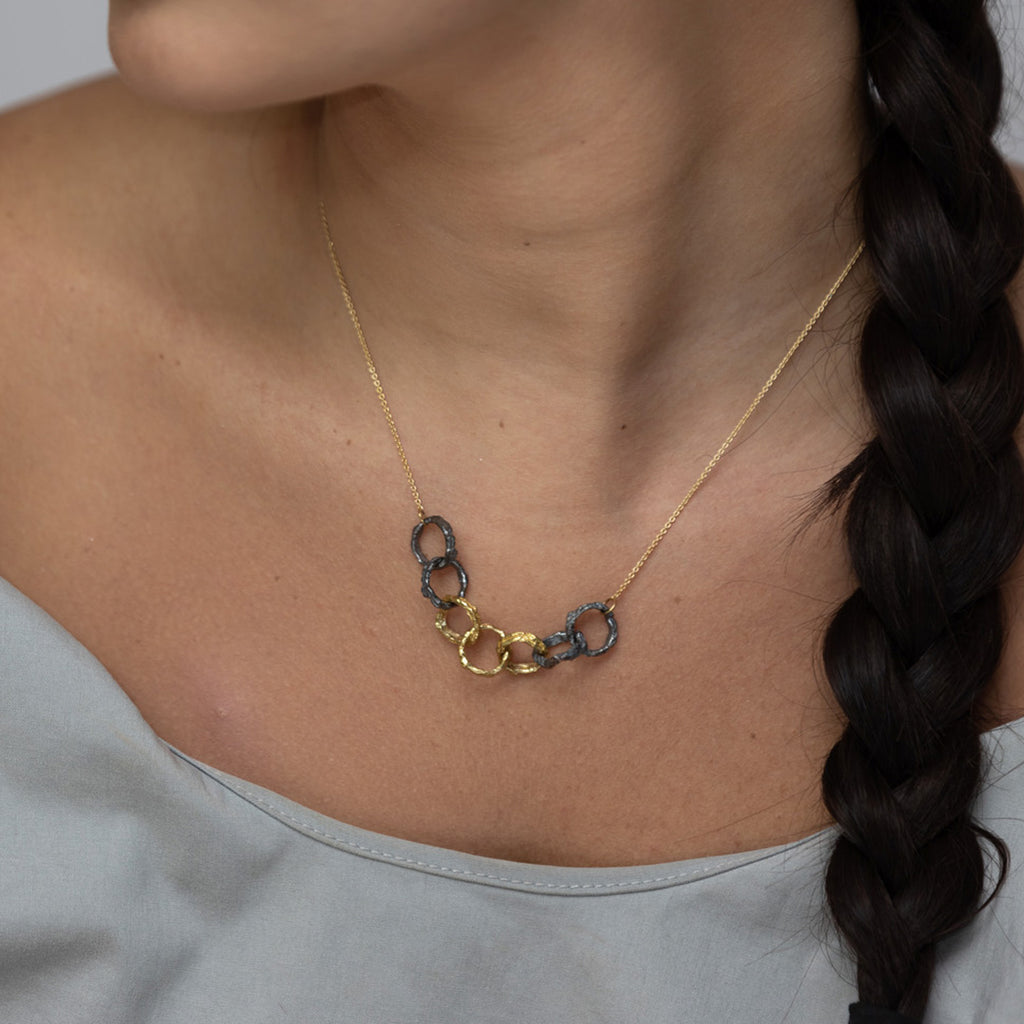 Isabella Textured Blackened Silver & 18k Gold Necklace by Emanuela Duca. Sculptural Fine Jewelry Handcrafted in 18k, Sterling Silver, Bronze, diamonds, and precious gems - Made in Rome & New York