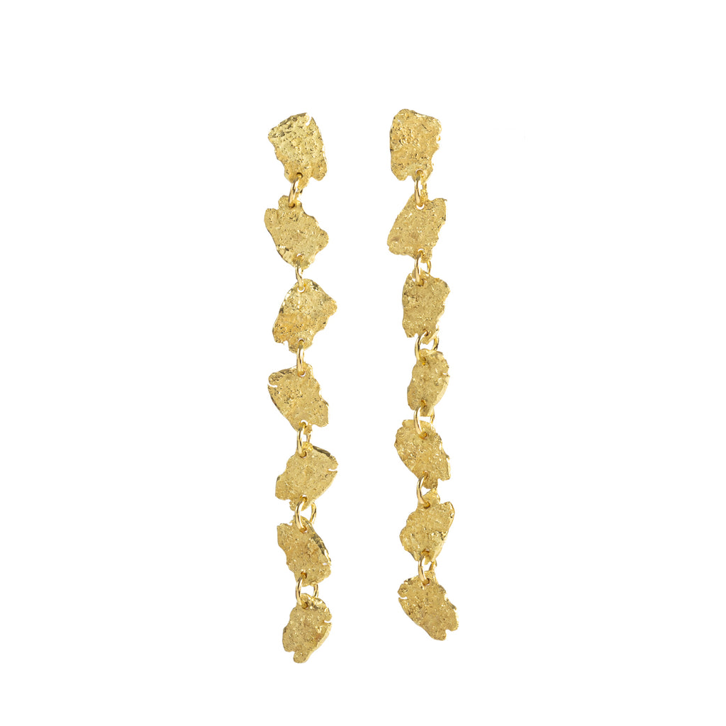 The November's Moon earrings feature delicate textured elements crafted from 18k yellow gold, intricately connected in an irregular fashion. They offer a sense of organic beauty, where each element flows seamlessly into the next. The result is an elegant and precious aesthetic, exuding sophistication and charm.  • Length: 2.25"