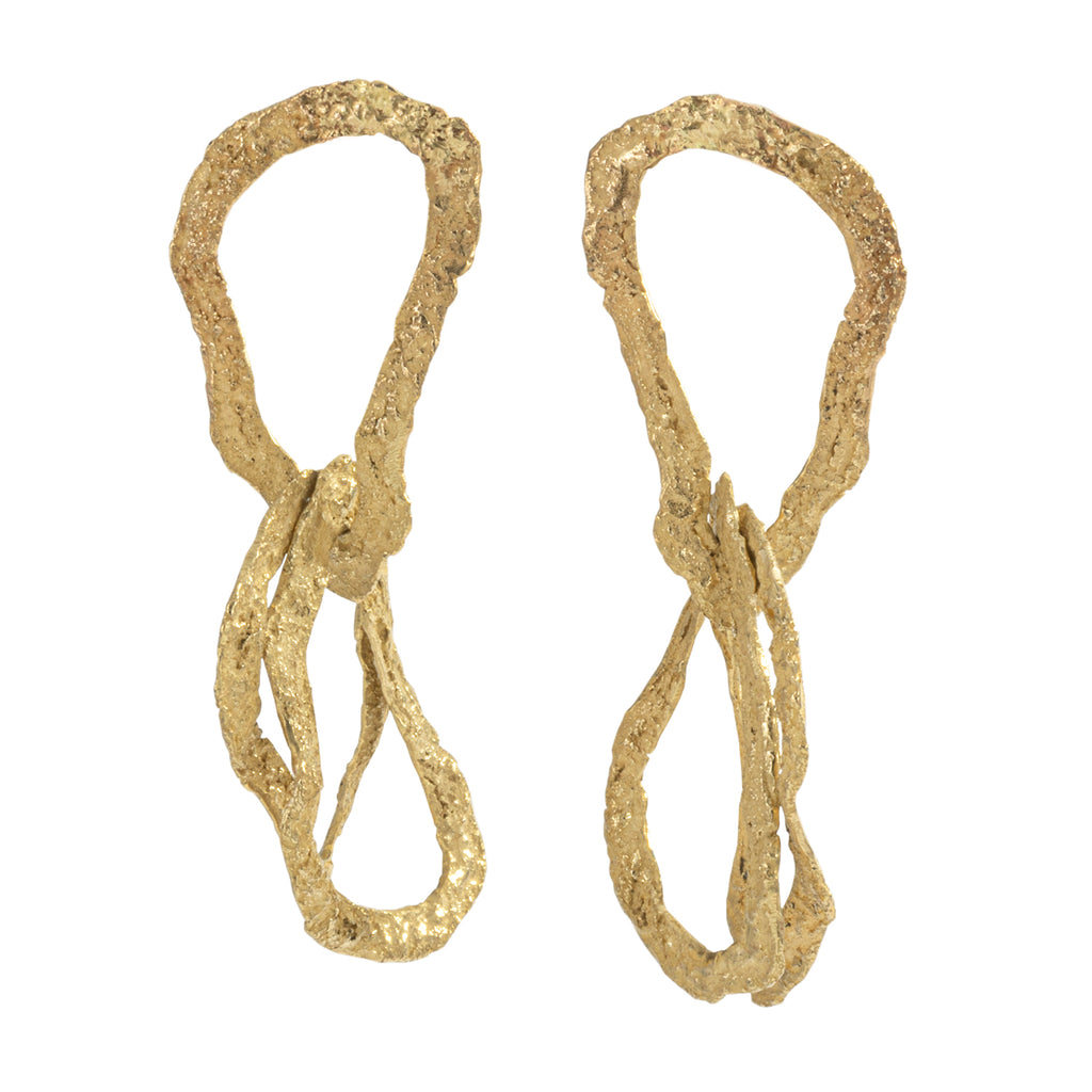 Colibri' Large Link Earrings by Emanuela Duca - The Colibri' earrings in 9k yellow gold make a bold statement, illuminating the face with their captivating design. The textured large links move freely, exuding a bold and artistic presence. • 9k yellow gold • Length: 2.75 inches • Post backs