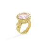 Colibri' Rose Quartz Ring by Emanuela Duca - The Colibri' ring, crafted in textured 18k yellow gold, showcases a stunning 12mm rose quartz stone paired with a diamond (2mm). The beautiful romantic rose color of the stone complements the warmth of the gold. This piece adds a romantic spark to your look. • Rose Quartz, diamond, 18k yellow gold