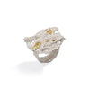 Raw You Silver Ring by Emanuela Duca - Introducing a bold statement piece: a silver ring adorned with exquisite texture and a hint of gold. Fashionable and edgy, this larger-than-life ring showcases two dazzling 2mm diamonds. With its captivating design, it's the perfect accessory to elevate any look with flair and style.