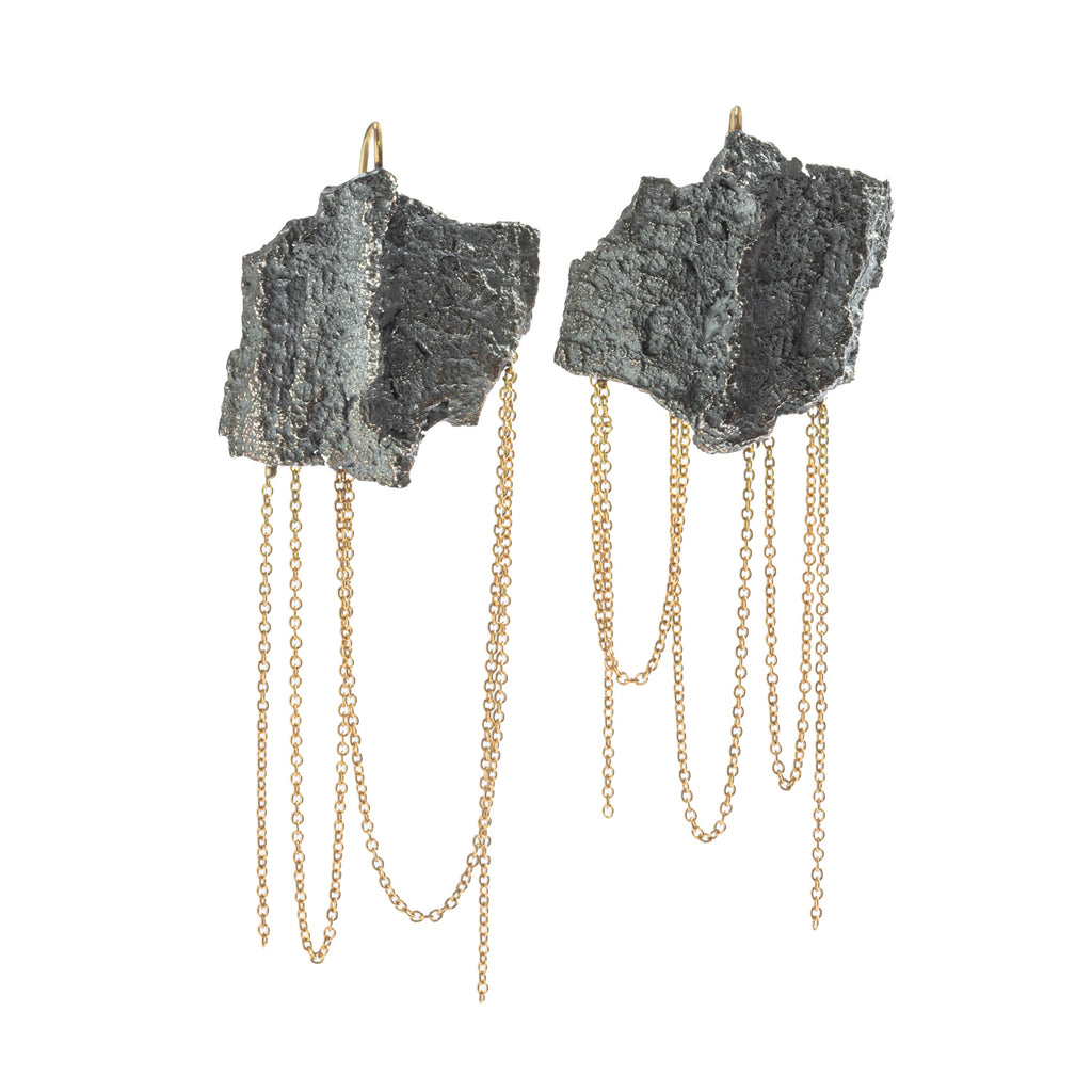 Raw You Black Fringe Earrings by Emanuela Duca - Introducing our "Raw You" earrings crafted in textured blackened sterling silver, adorned with a sensual fringe of 18k yellow gold that offers intriguing movement and unmatched uniqueness. With a romantic yet cool aesthetic, these earrings exude effortless charm. Embrace their captivating allure for a look that's both fashionable and distinctly you.
