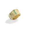 Good Vibes Textured Gold Ring by Emanuela Duca - Crafted in textured 18K yellow gold, it showcases five emeralds (1.7mm) and five blue sapphires (1.7mm). Radiating with Good Vibes and positivity, this ring is a statement piece that adds elegance and color to any occasion, with a hint of edgy flair.