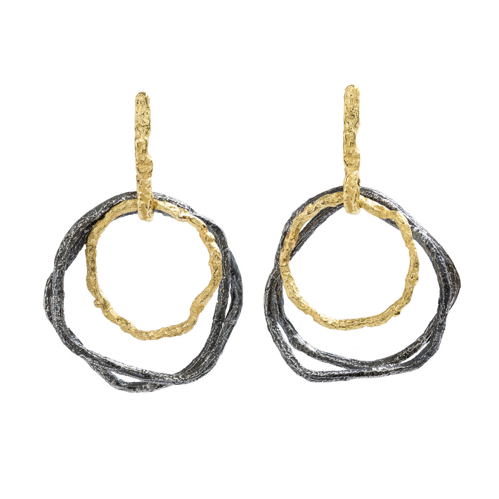 Sunshine Blackened Silver & 18k Gold Circles Earrings by Emanuela Duca. Sculptural Fine Jewelry Handcrafted in 18k, Sterling Silver, Bronze, diamonds, and precious gems - Made in Rome & New York