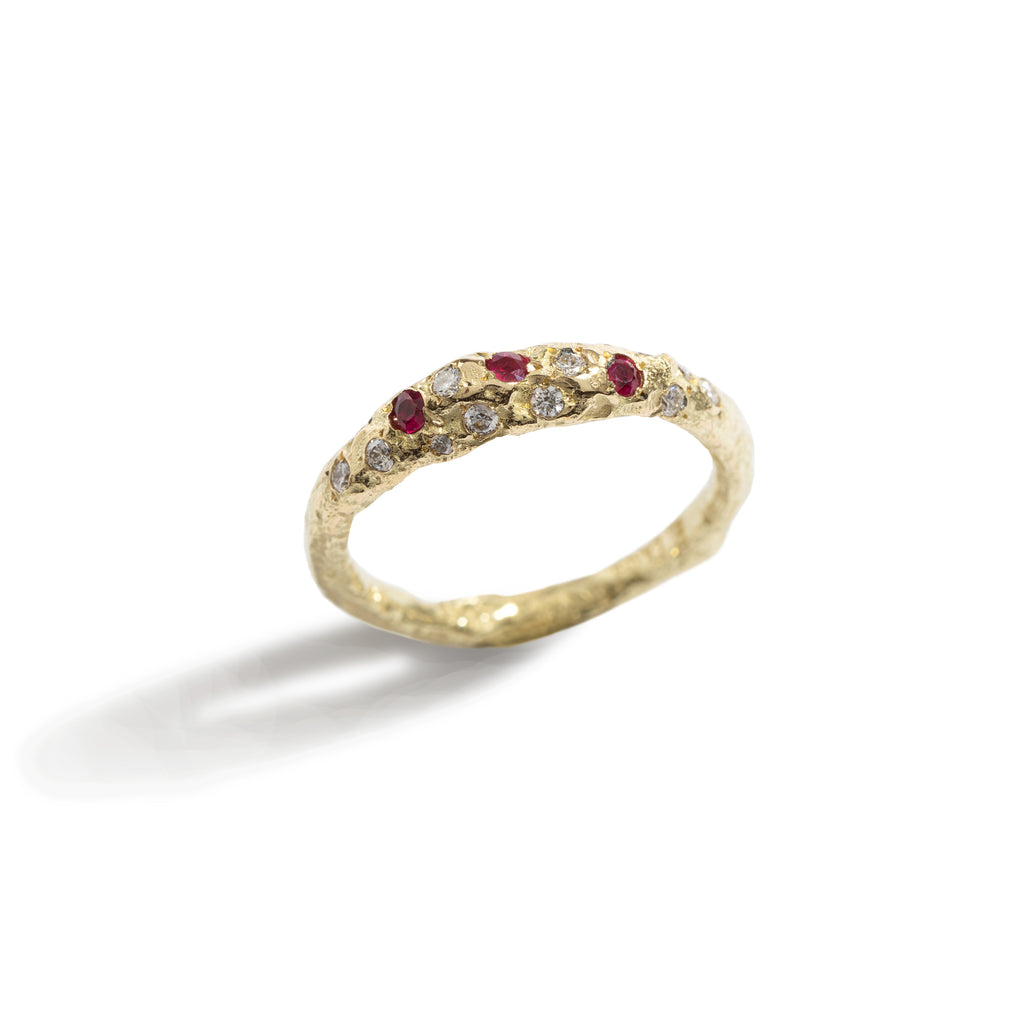 Sunshine Diamond & Rubies Ring by Emanuela Duca. Sculptural Fine Jewelry Handcrafted in 18k, Sterling Silver, Bronze, diamonds, and precious gems - Made in Rome & New York