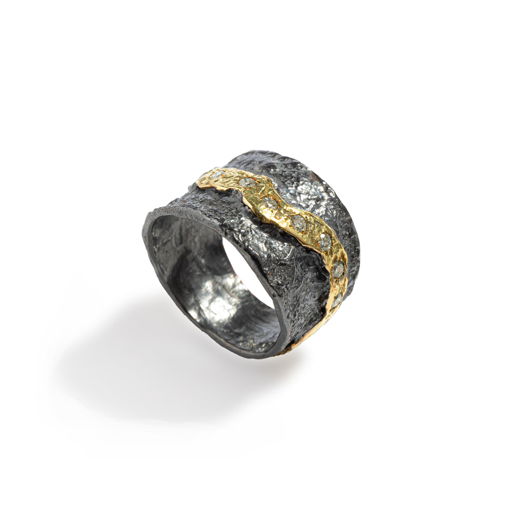 Sunshine Black & Gold Diamonds Ring by Emanuela Duca. Sculptural Fine Jewelry Handcrafted in 18k, Sterling Silver, Bronze, diamonds, and precious gems - Made in Rome & New York