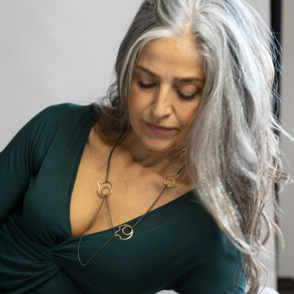 I AM LOVED Bronze Flames & Blackened Silver Chain Necklace by Emanuela Duca. Sculptural Fine Jewelry Handcrafted in 18k, Sterling Silver, Bronze, diamonds, and precious gems - Made in Rome & New York