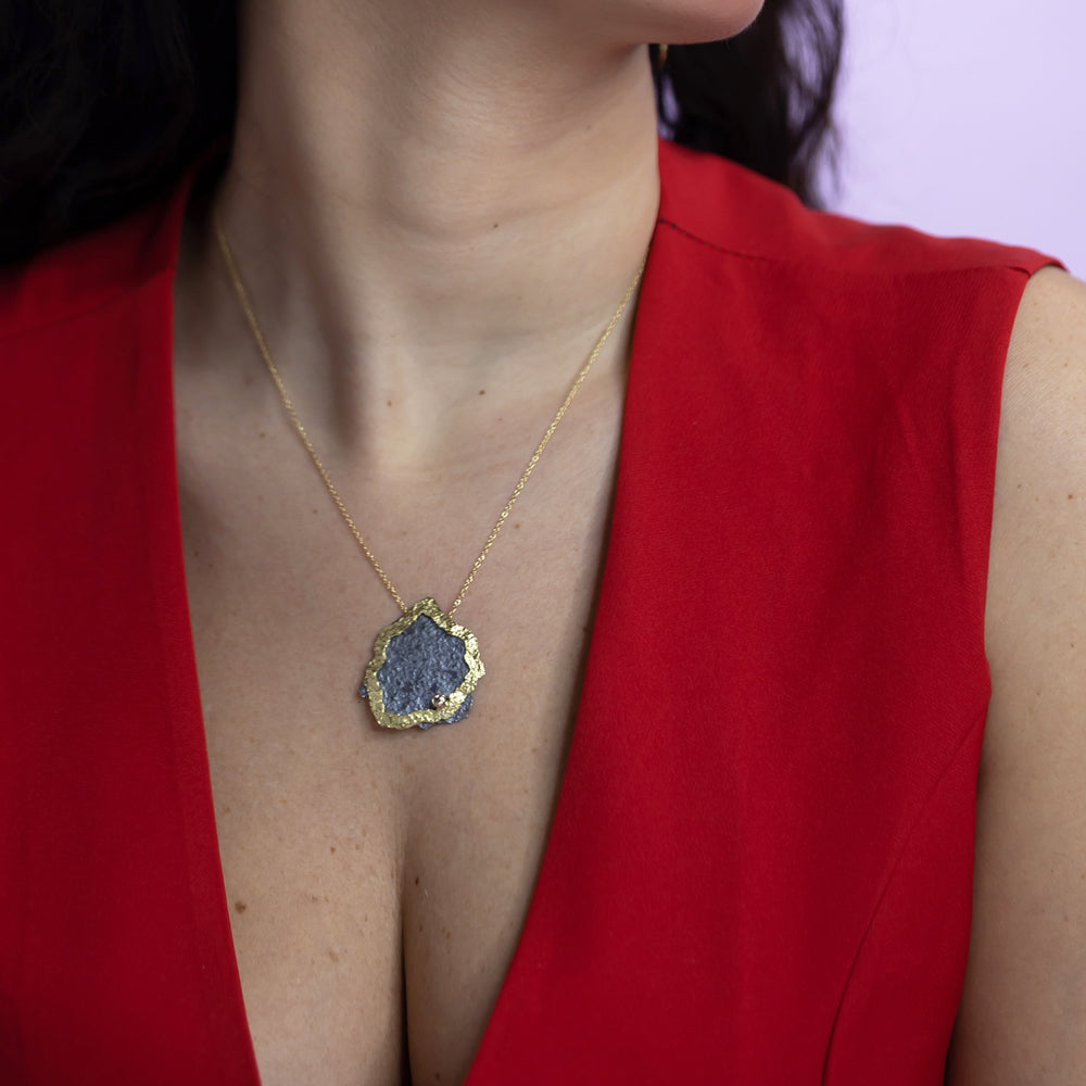 Sunshine Blackend Silve & 18k Gold Pendant by Emanuela Duca. Sculptural Fine Jewelry Handcrafted in 18k, Sterling Silver, Bronze, diamonds, and precious gems - Made in Rome & New York