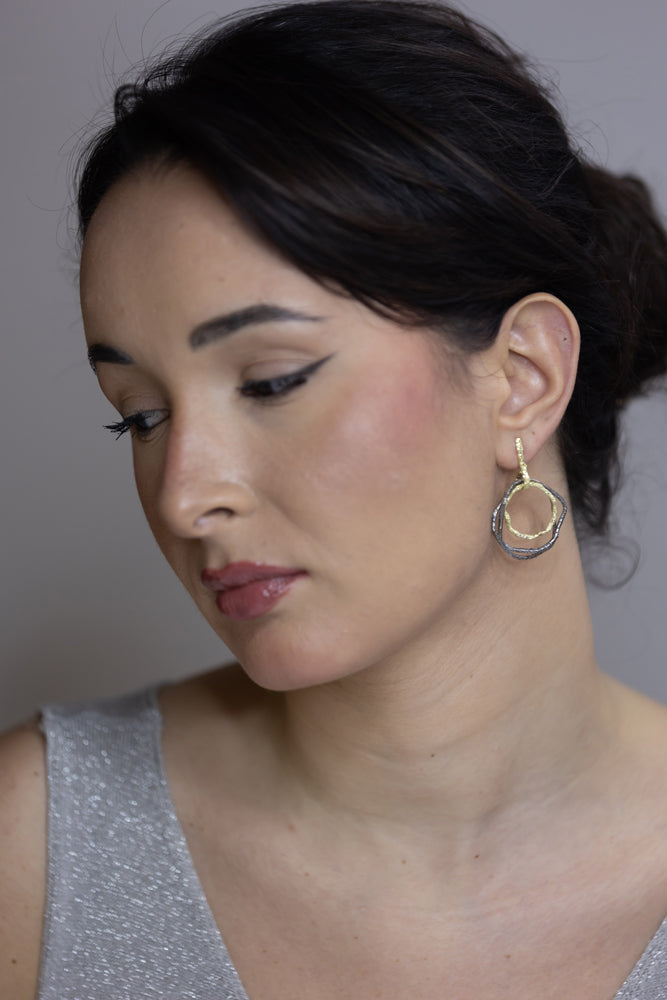 Sunshine Blackened Silver & 18k Gold Circles Earrings by Emanuela Duca. Sculptural Fine Jewelry Handcrafted in 18k, Sterling Silver, Bronze, diamonds, and precious gems - Made in Rome & New York
