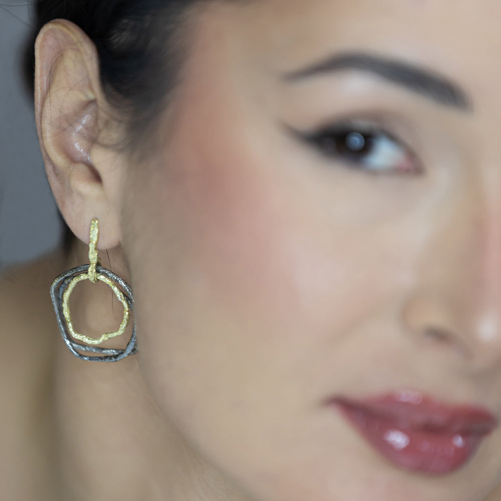 Sunshine Blackened Silver & 18k Gold Circles Earrings by Emanuela Duca. Sculptural Fine Jewelry Handcrafted in 18k, Sterling Silver, Bronze, diamonds, and precious gems - Made in Rome & New York
