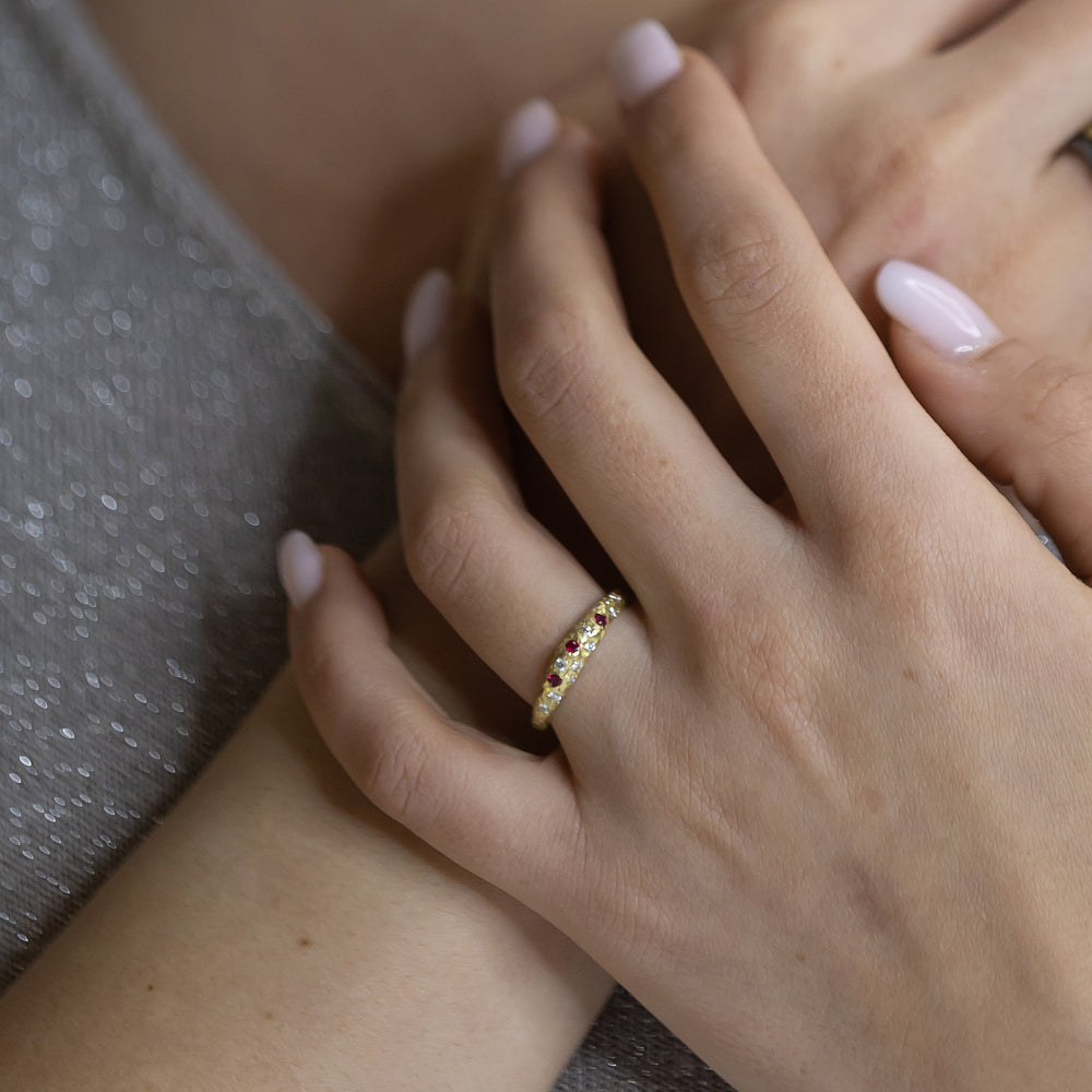 Sunshine Diamond & Rubies Ring by Emanuela Duca. Sculptural Fine Jewelry Handcrafted in 18k, Sterling Silver, Bronze, diamonds, and precious gems - Made in Rome & New York